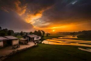 the sun sets over a rice field and a house. AI-Generated photo