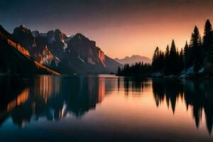 el montañas son reflejado en el agua a puesta de sol. generado por ai foto