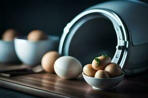 eggs in a bowl on a table next to a microwave. AI-Generated photo