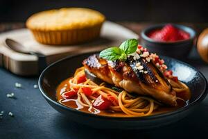 un plato de pasta con pollo y tomate salsa. generado por ai foto