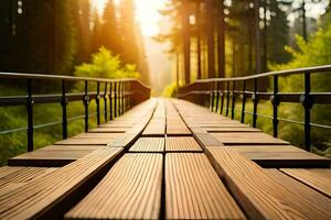 a wooden bridge in the middle of a forest. AI-Generated photo