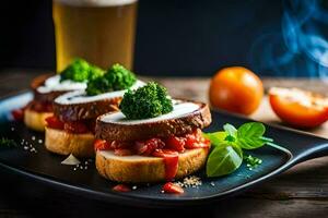 comida en un plato con un pan y tomate. generado por ai foto