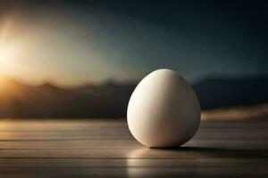 an egg sitting on a table in front of a sunset. AI-Generated photo