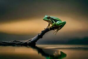 a frog sitting on a branch in the water. AI-Generated photo