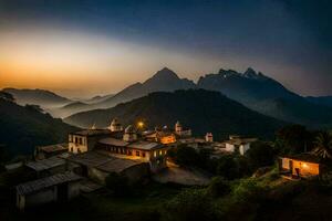 a village in the mountains at sunset. AI-Generated photo