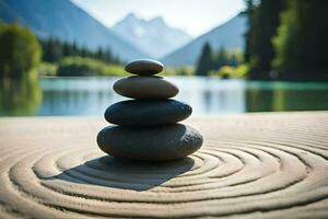 zen piedras en el medio de un lago. generado por ai foto