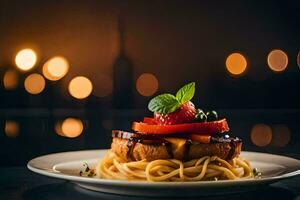 a plate of spaghetti with tomato, basil and strawberries. AI-Generated photo