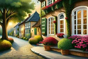 a painting of a street with flowers and trees. AI-Generated photo