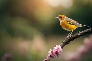 a yellow bird is perched on a branch. AI-Generated photo