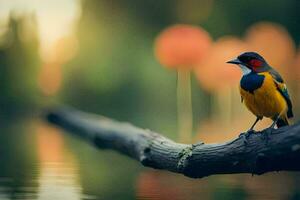 a colorful bird sits on a branch near water. AI-Generated photo