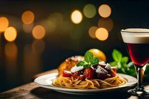 spaghetti and a glass of red wine. AI-Generated photo