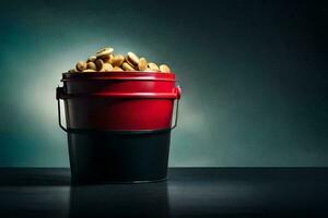 a bucket filled with peanuts on a table. AI-Generated photo