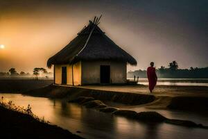 a man in red robes stands in front of a hut. AI-Generated photo