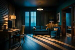 a hotel room with dark wood walls and a blue couch. AI-Generated photo