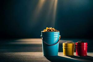 three buckets of food sitting on a table. AI-Generated photo