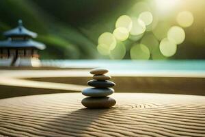 a stack of stones on the sand in front of a pagoda. AI-Generated photo