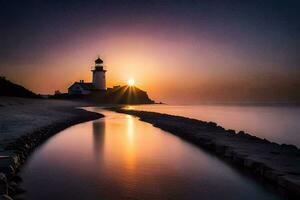 un faro es visto a puesta de sol en el agua. generado por ai foto