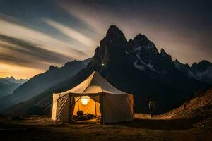 el tienda es conjunto arriba en el medio de el montañas. generado por ai foto