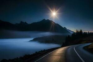 a road in the mountains with a moon shining over it. AI-Generated photo