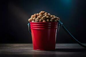 a red bucket filled with nuts on a table. AI-Generated photo