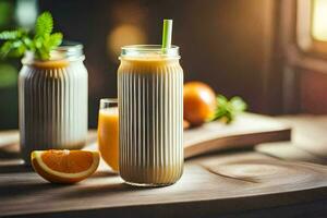 two mason jars with orange juice and mint leaves. AI-Generated photo
