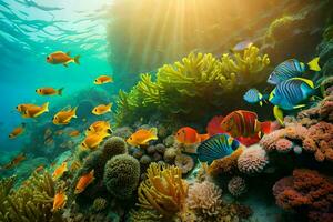 the sun shines over a coral reef with fish and other marine life. AI-Generated photo