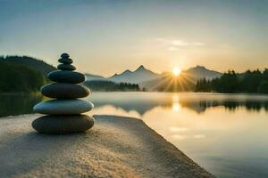 apilado piedras en el apuntalar de un lago a puesta de sol. generado por ai foto