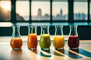 five different juices in glass bottles on a table. AI-Generated photo