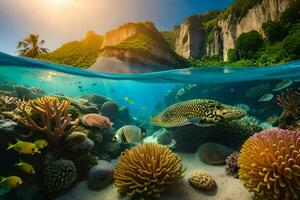un tropical arrecife con pescado y coral. generado por ai foto