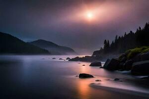 a long exposure photograph of a river and mountains at dusk. AI-Generated photo