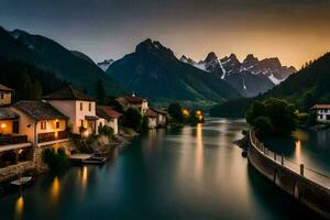 a river and houses in the mountains at sunset. AI-Generated photo