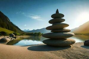 a stack of stones in the middle of a lake. AI-Generated photo