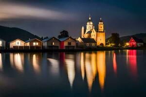 a church and a lake at night. AI-Generated photo