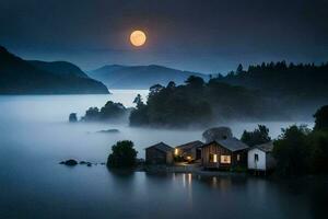 a house sits on the shore of a lake with a full moon. AI-Generated photo