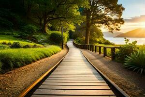 a wooden walkway leads to a lake and the sun. AI-Generated photo