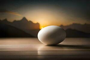 egg on a table with mountains in the background. AI-Generated photo