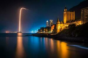 a rocket is launched into the sky over a city. AI-Generated photo