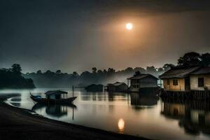 a boat sits on the water in front of a house. AI-Generated photo