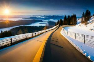 a road in the mountains with snow and sun. AI-Generated photo