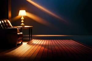 a chair and lamp in a dark room. AI-Generated photo