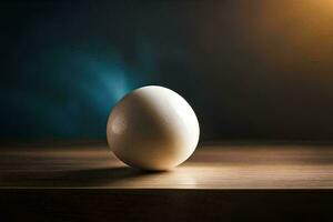 an egg sitting on a table in front of a dark background. AI-Generated photo