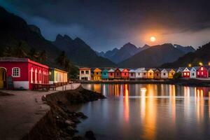 the moon rises over colorful houses on the shore. AI-Generated photo