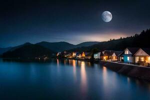 un Luna sube terminado un lago y casas a noche. generado por ai foto