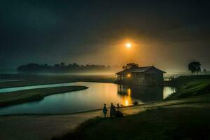 two people stand by a lake at dusk with a house in the background. AI-Generated photo