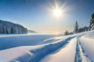 a snowy landscape with a lake and sun. AI-Generated photo