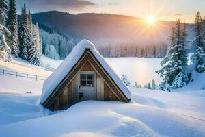 a cabin in the snow with the sun setting behind it. AI-Generated photo