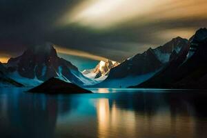 un montaña rango es reflejado en el agua. generado por ai foto