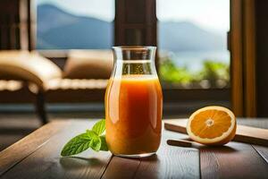 naranja jugo en un vaso botella en un de madera mesa. generado por ai foto