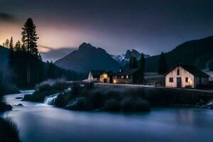 un pequeño pueblo en el montañas a noche. generado por ai foto