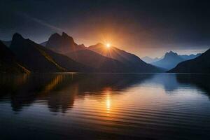 the sun rises over a mountain range and lake. AI-Generated photo